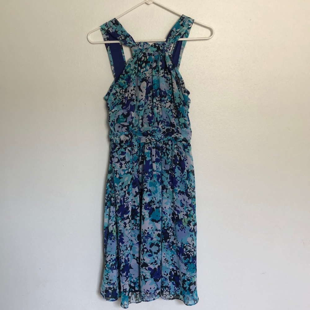 Blue “watercolor” style floral pattern dress